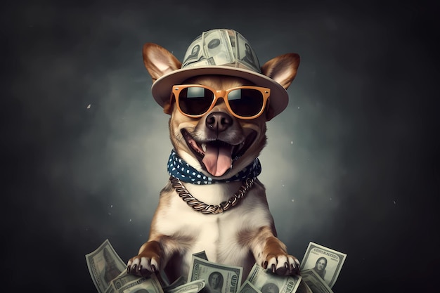 Ein Hund mit Hut und Sonnenbrille ist von Geld umgeben.