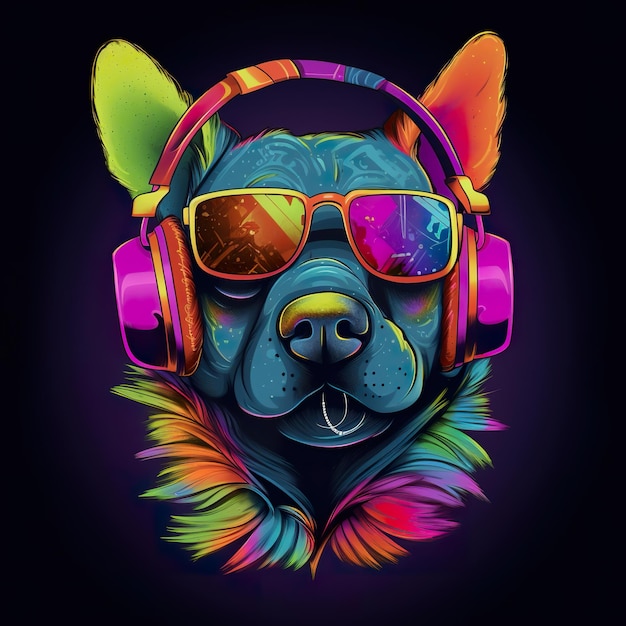 Ein Hund mit Kopfhörern und Sonnenbrille. Generatives KI-Bild