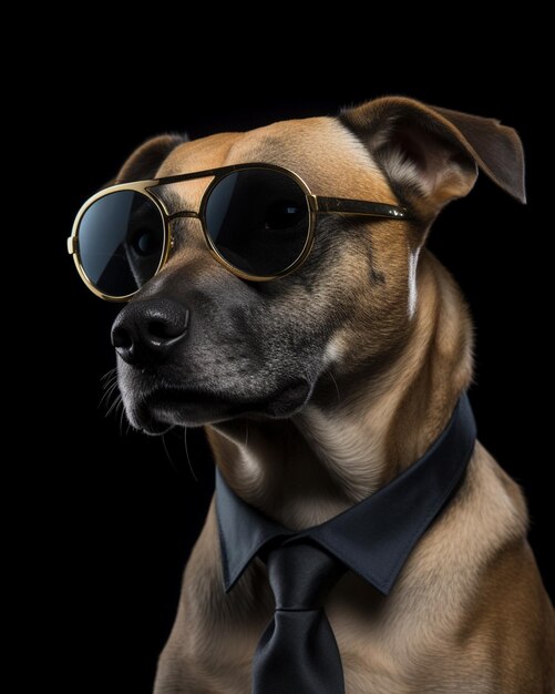 Ein Hund mit Krawatte und Sonnenbrille trägt Hemd und Krawatte.