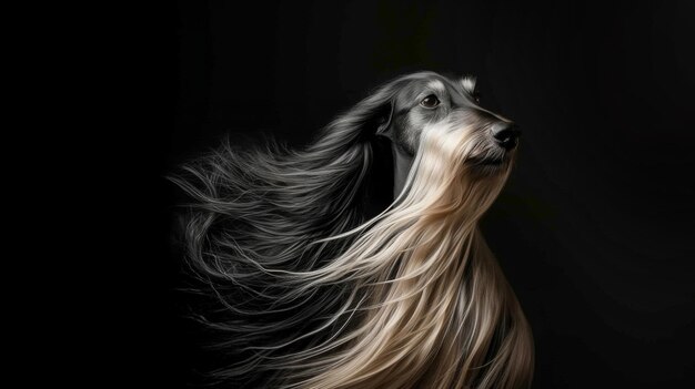 Ein Hund mit langem Haar, Hundemantel auf dunklem Hintergrund