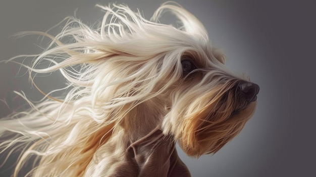 Ein Hund mit langem Haar, Hundemantel auf dunklem Hintergrund