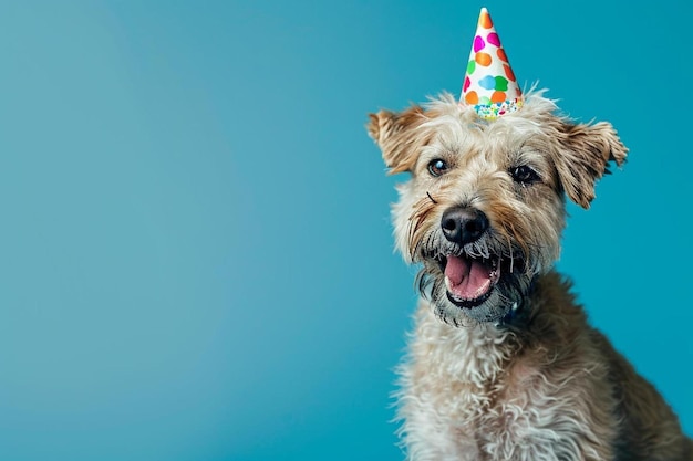 ein Hund mit Partyhut auf blauem Hintergrund