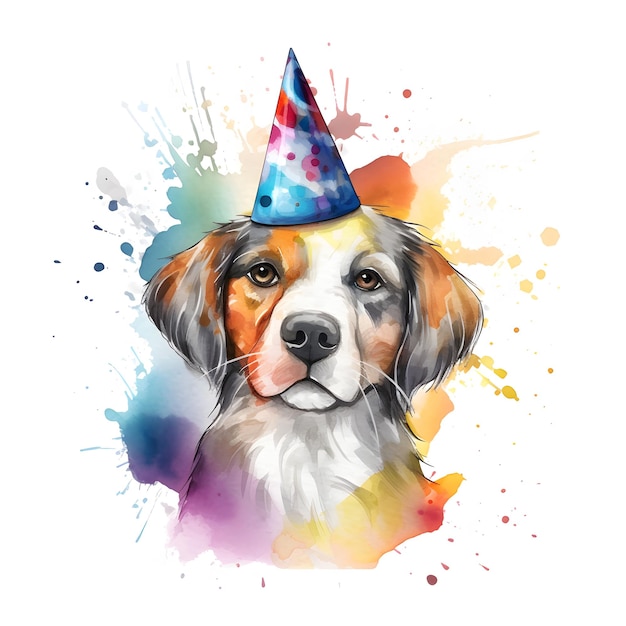 Ein Hund mit Partyhut wird mit Wasserfarben und Sprays dargestellt.