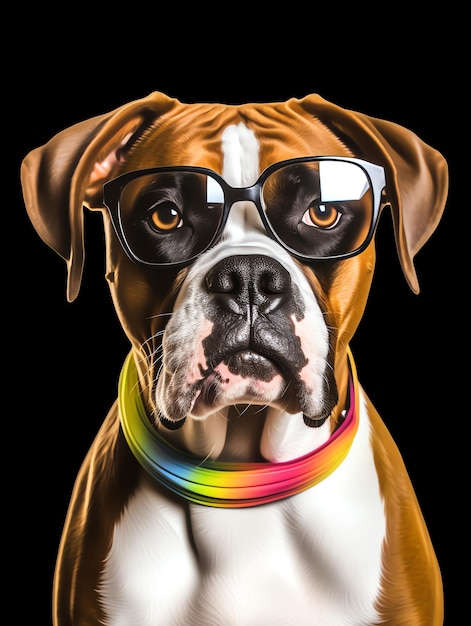 Ein Hund mit Regenbogenauge und Brille lgbtq