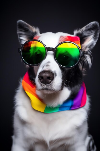 Ein Hund mit Regenbogenauge und Brille lgbtq