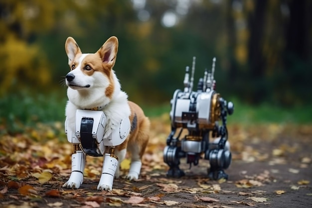 Ein Hund mit Roboterhalsband steht neben einem Roboter.