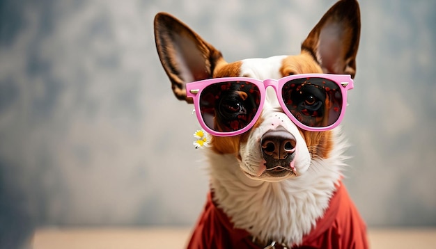 Ein Hund mit rosa Sonnenbrille und einer Blume auf dem Kopf