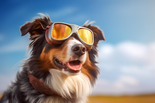 ein Hund mit Schutzbrille und dem Wort „Hund“ darauf