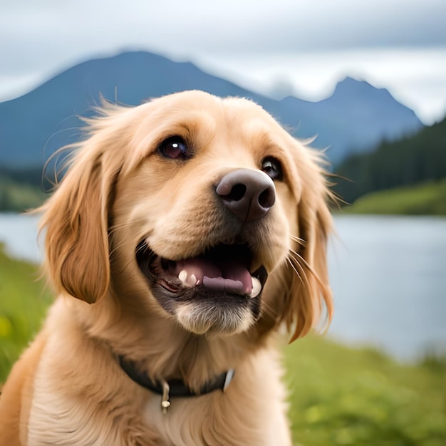 Ein Hund mit schwarzem Halsband und schwarzem Halsband sitzt auf einem Feld an einem See.