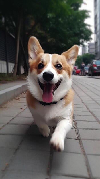 Ein Hund mit schwarzem Halsband und weißer Nase rennt auf einem Gehweg.