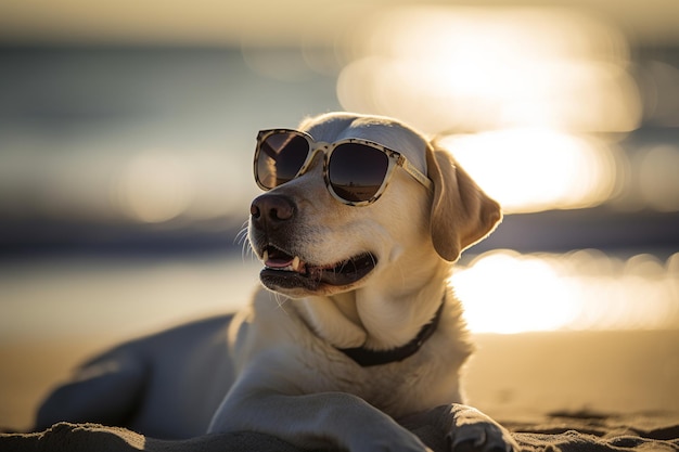 Ein Hund mit Sonnenbrille am Strand