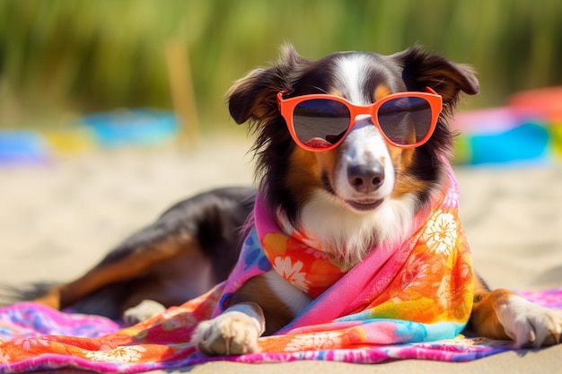 Ein Hund mit Sonnenbrille am Strand