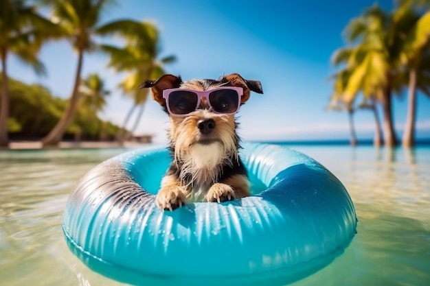 Ein Hund mit Sonnenbrille in einem Schwimmring auf dem Wasser Generative Ai