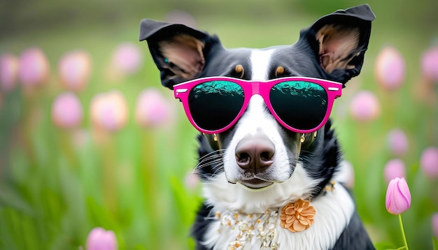 Ein Hund mit Sonnenbrille in einem Tulpenfeld