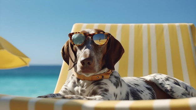 Ein Hund mit Sonnenbrille liegt auf einem Strandkorb