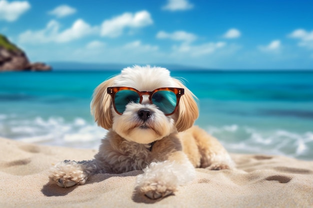 Ein Hund mit Sonnenbrille ruht sich an einem sonnigen Tag am Sandstrand aus. Generative Ai