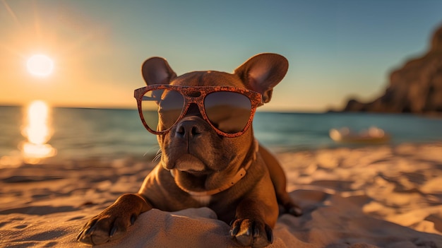 Ein Hund mit Sonnenbrille sitzt am Strand und die Sonne geht hinter ihm unter.