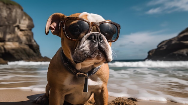 Ein Hund mit Sonnenbrille sitzt am Strand