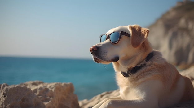 Ein Hund mit Sonnenbrille sitzt am Strand