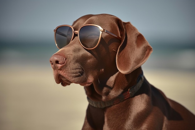 Ein Hund mit Sonnenbrille sitzt am Strand.