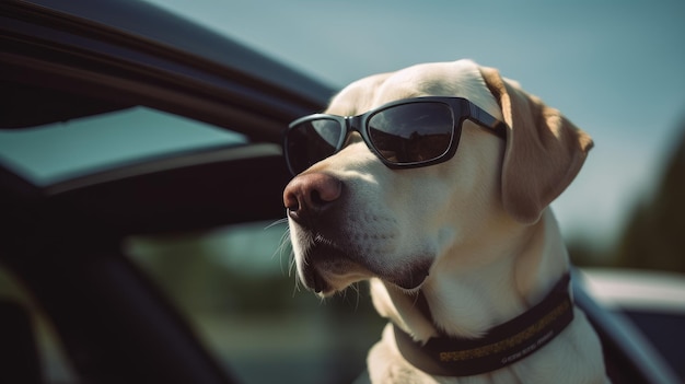 Ein Hund mit Sonnenbrille sitzt an einem sonnigen Tag in einem Auto. Generative KI