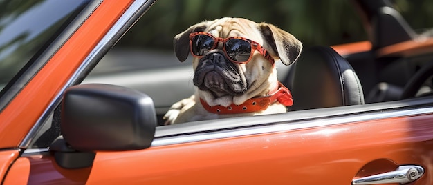 Ein Hund mit Sonnenbrille sitzt an einem sonnigen Tag in einem Auto. Generative KI