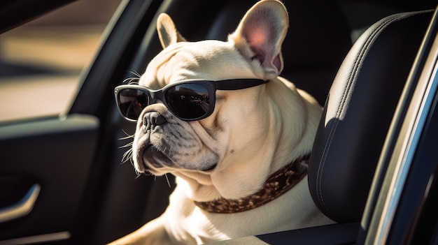 Ein Hund mit Sonnenbrille sitzt an einem sonnigen Tag in einem Auto. Generative KI