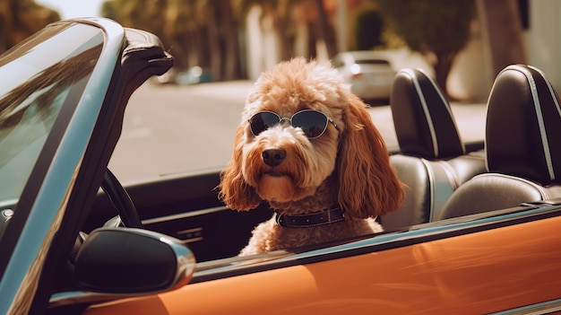 Ein Hund mit Sonnenbrille sitzt an einem sonnigen Tag in einem Auto. Generative KI