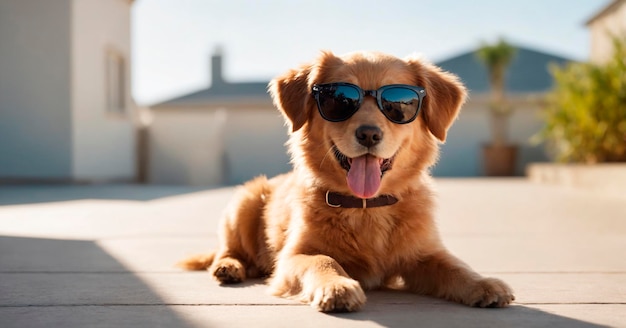 Ein Hund mit Sonnenbrille sitzt auf dem Boden