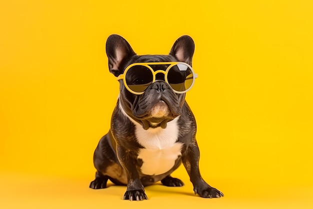 Ein Hund mit Sonnenbrille sitzt auf gelbem Hintergrund.