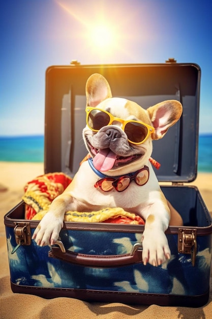 ein Hund mit Sonnenbrille sitzt in einem Koffer am Strand