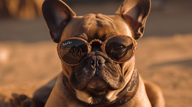 Ein Hund mit Sonnenbrille und einem Halsband, auf dem „Haustier“ steht