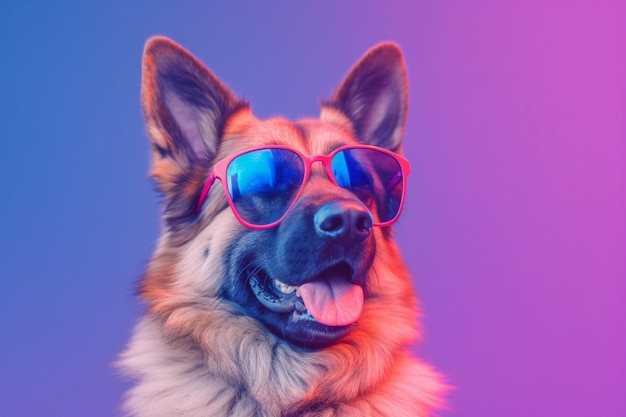 Ein Hund mit Sonnenbrille und einem rosa-blauen Hintergrund