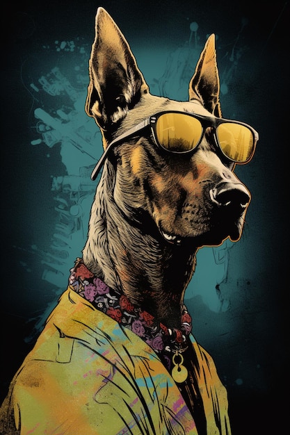 Ein Hund mit Sonnenbrille und einem T-Shirt mit der Aufschrift „Dobermann“.