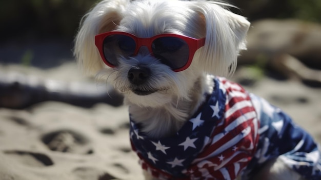 Ein Hund mit Sonnenbrille und einem T-Shirt mit der Aufschrift „Hund drauf“