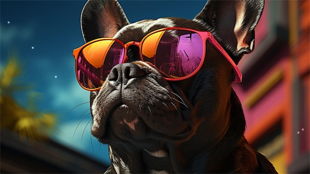 ein Hund mit Sonnenbrille und einer rosa Schleife auf dem Kopf