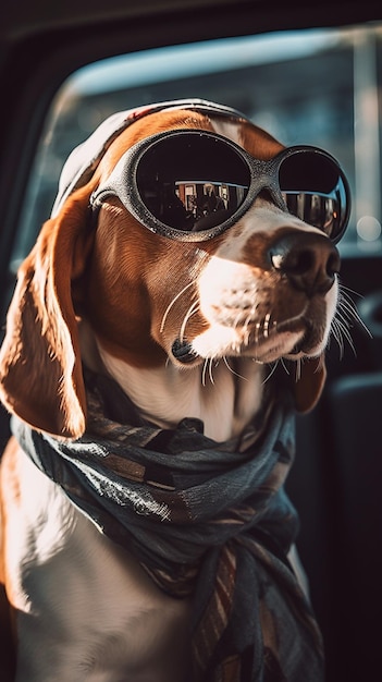 Ein Hund mit Sonnenbrille und Hut sitzt in einem Auto.