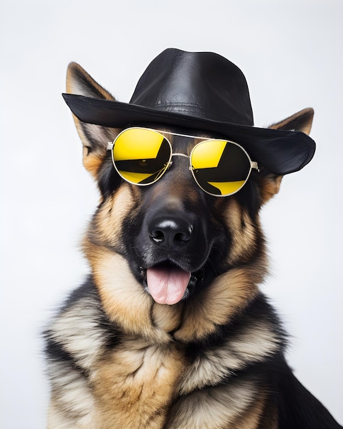 Ein Hund mit Sonnenbrille und Hut