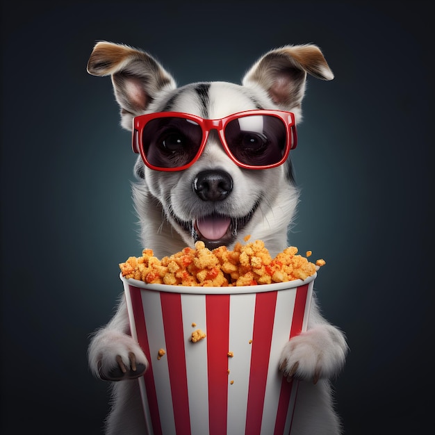 Ein Hund mit Sonnenbrille und Popcorn vor dunklem Hintergrund