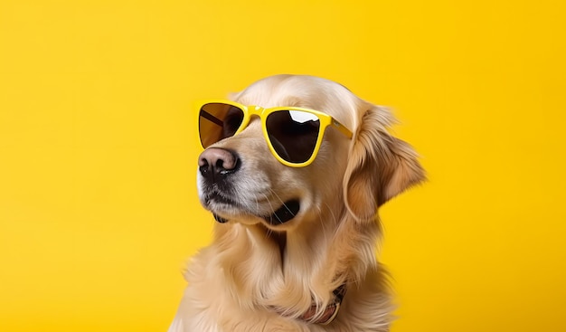 Ein Hund mit Sonnenbrille vor gelbem Hintergrund