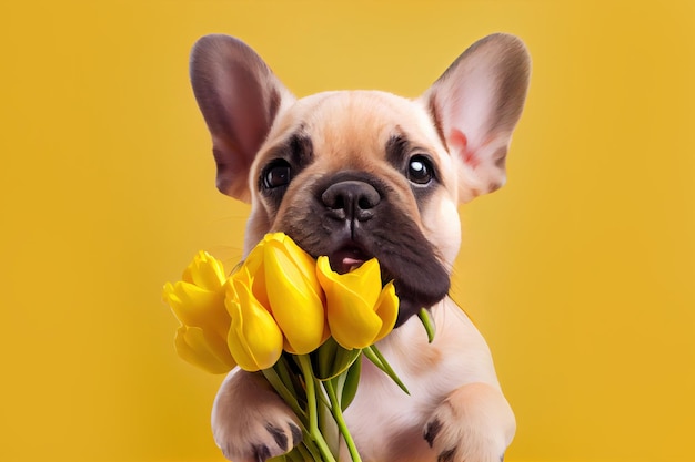 Ein Hund mit Tulpenpostkarte zum Valentinstag Generative Ai