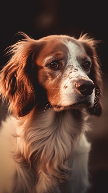 Ein Hund mit weiß-braunem Fell blickt in die Kamera.