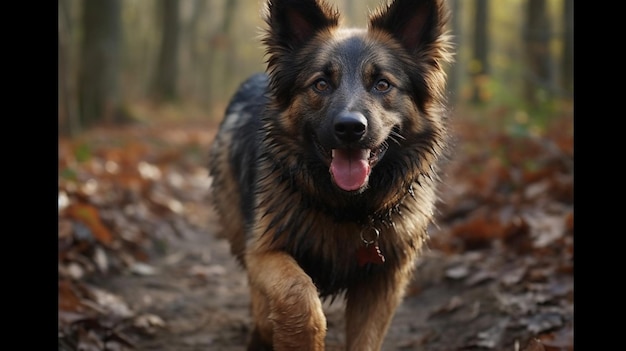 Ein Hund rennt auf einem Pfad im Wald.