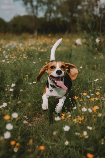 Ein Hund rennt durch ein Blumenfeld. Generatives KI-Bild