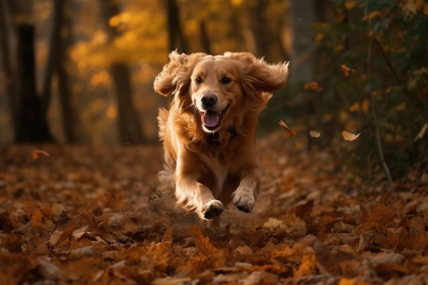 Ein Hund rennt durch einen Wald mit Blättern auf dem Boden. Generative KI