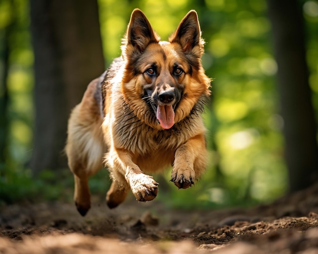 Ein Hund rennt mit ausgestreckter Zunge durch den Wald