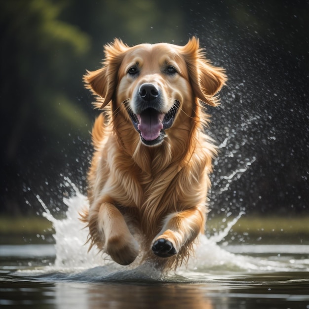 Ein Hund rennt mit der Zunge aus dem Wasser.