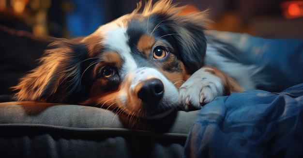 ein Hund ruht auf einer blauen Couch mit seinem Kopf, der im Blauen ruht