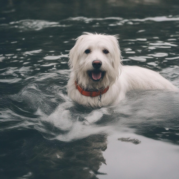 Ein Hund schaukelte am Wassersee in der Waldtapete