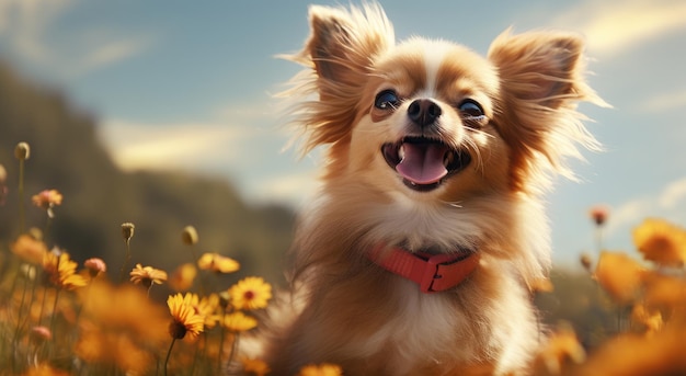 ein Hund schaut auf einem orangefarbenen Hintergrund nach oben